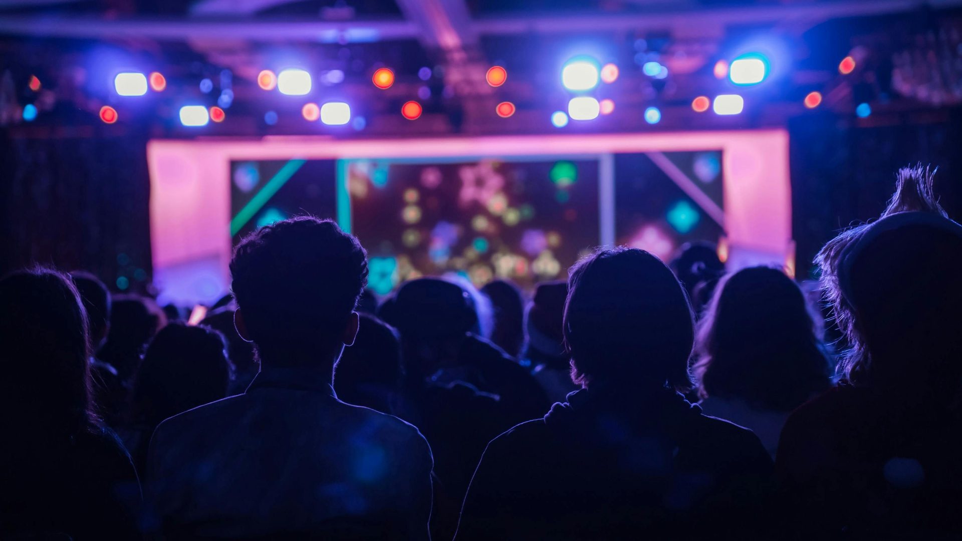 Back view of people at a concert with colorful stage lights creating a vibrant atmosphere.